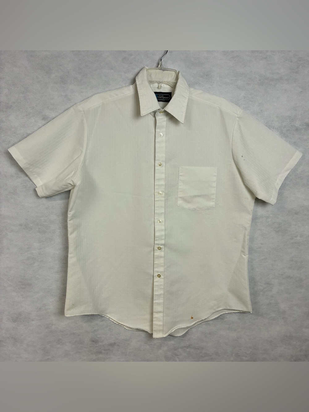 Vtg 70s Club Hampton Shirt Mens Large White SS Button Up Made USA Disco Flaw